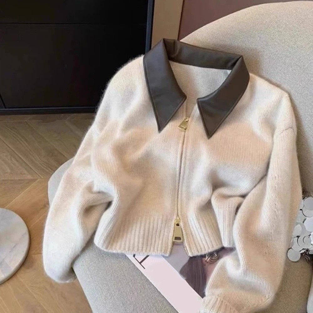 Sewing Front Zipper - Cardigan en maille à col en